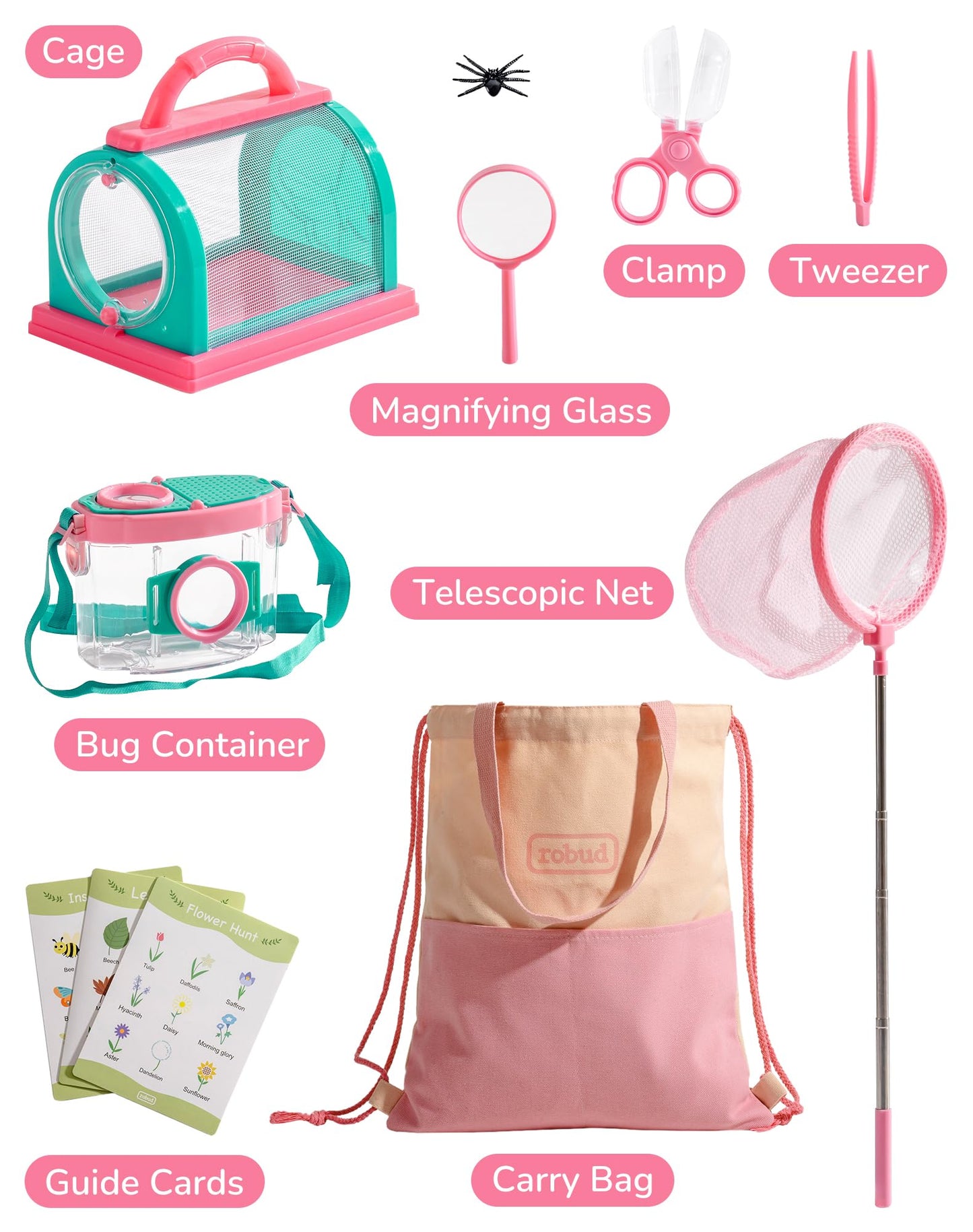 ROBUD Kids Explorer Kit, Bug Catcher Kit with Bag Kit, Pink Outdoor Exploration Set for Camping, Montessroi Toy for Kids Coming Closer to Nature，WRP28