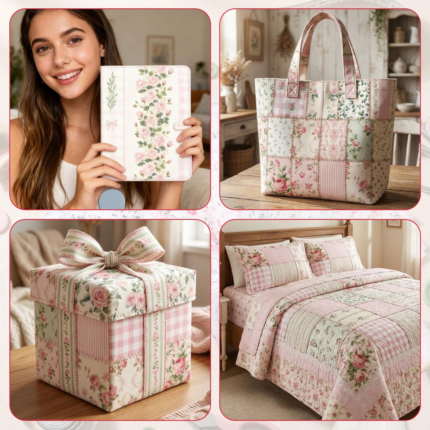 Tudomro 60 Pcs Pink Floral Fabric Squares Bundles 10 x 10 Inch Cotton Rose Quilting Fabric Pink Spring Flower Fat Quarters Printed Cloth Quilt Patchwork Material for Sewing DIY Crafts Supplies