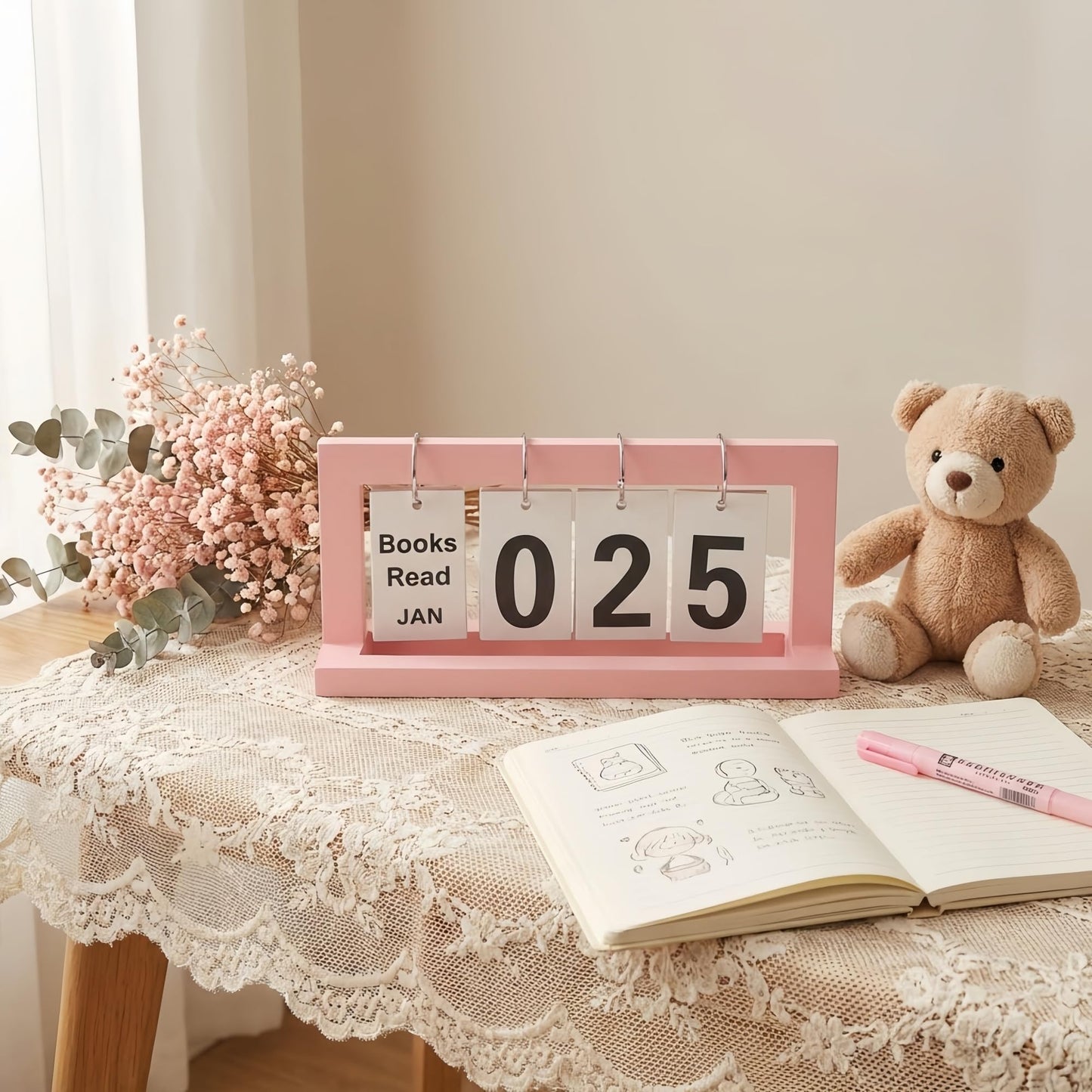 WONGSAI Wooden Books Read This Year Counter Tracker, Modern Style Library Decor Sign, Tabletop Display Stand This Month, Book Lover Gift for Librarian, Reader, Teacher, Women (Pink)