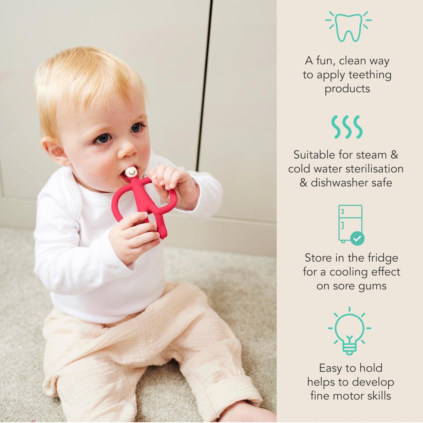 Matchstick Monkey Original Teether & Gel Applicator – Silicone Baby Teether, Easy-to-Grip, BPA-Free, Supports Self-Soothing & Early Brushing, 3 Months+, 4 Inches, Rubine Red