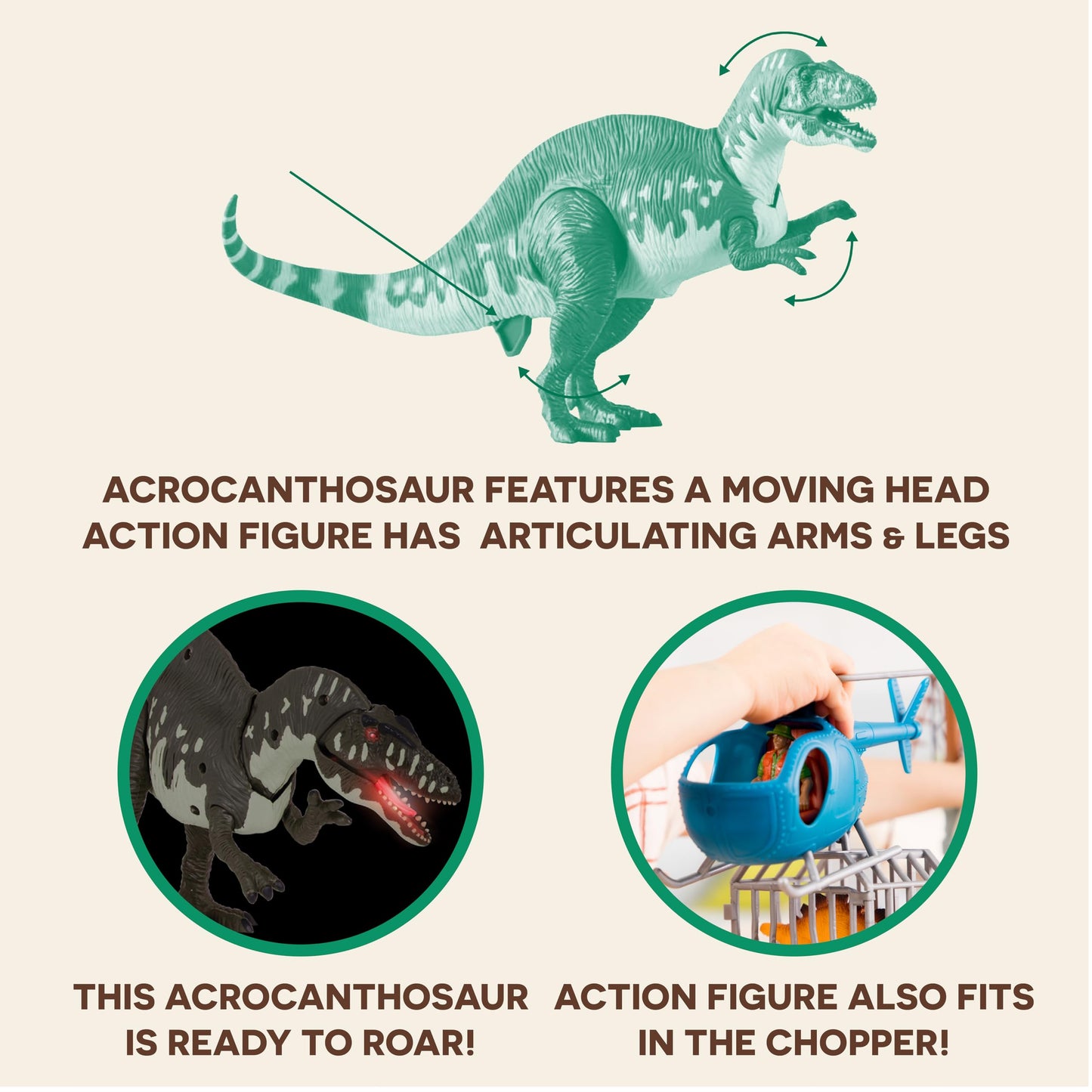 Terra by Battat – 13 Pieces Jungle Expedition Big Playset – Electronic Dinosaur with Light– Up Eyes – Movable Roaring Acrocanthosaurus & Helicopter with 2 Surprise Dinosaur Toys for 3+ Years