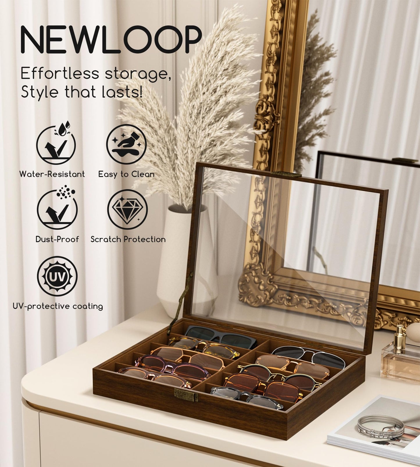 NEWLOOP Sunglass Organizer for Women Men - Multiple Pair of Sunglasses Storage Box Eye Glass Watch Display Case with 10 Slots Wooden