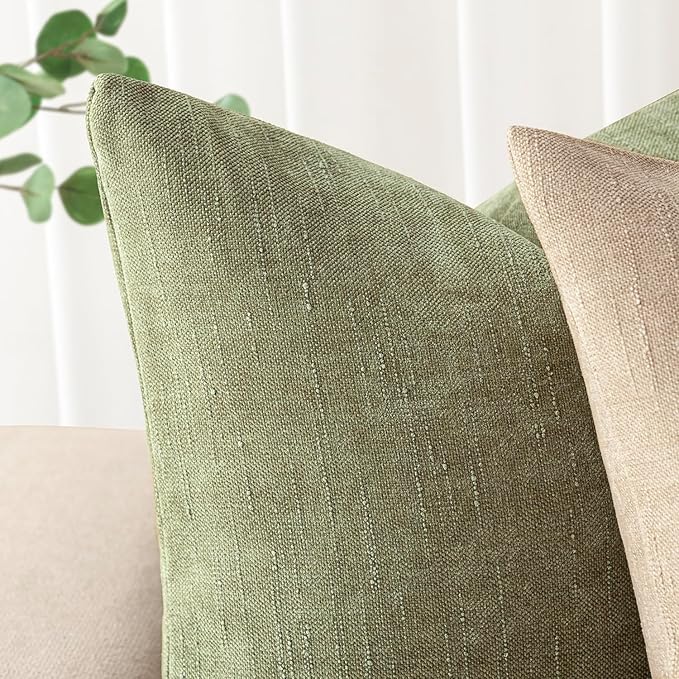 Foindtower Pack of 2 Textured Chenille Throw Decorative Pillow Covers Square Accent Solid Cushion Cover Neutral Farmhouse Lumbar Pillow Case for Couch Sofa Bedroom Living Room 12x20 Inch,Sage Green