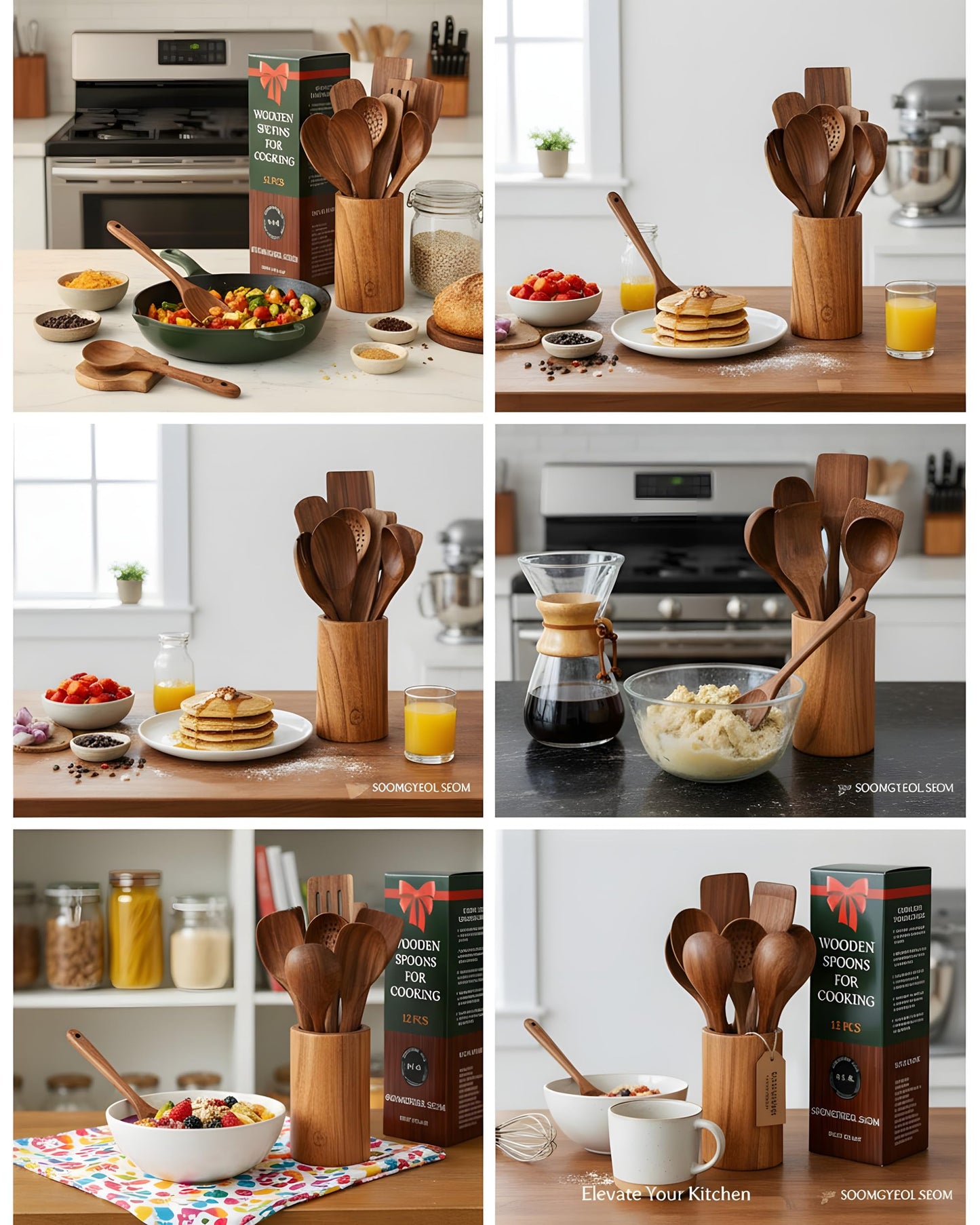 12-Piece Natural Teak Wood Utensil Set with Holder & Rest - Nonstick Cooking Spoons, Spurtles, Heat Resistant Tools