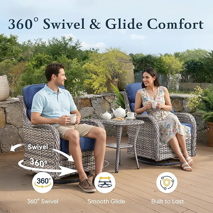 Belord Luxury 6" Thick Cushioned Outdoor Swivel Rocker Chairs Set of 4 with Fire Pit Table, High Back Wicker Patio Furniture Set with Ergonomic Zone Back, Conversation Set for Deck Porch - Grey+Blue