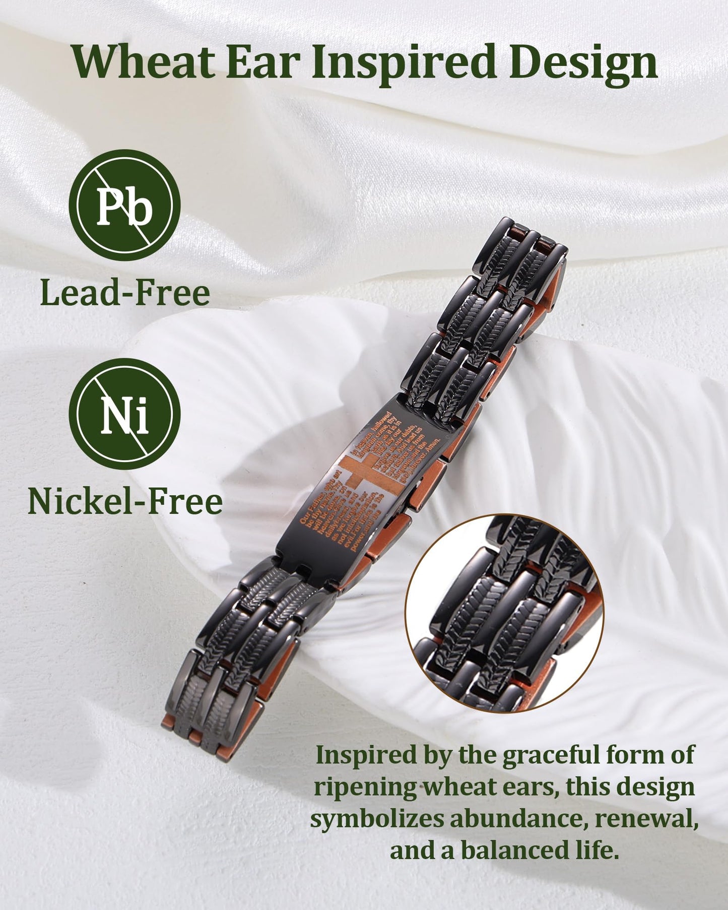 Fashtour Copper Cross Bracelet for Men, Ultra Strength Magnetic Jewelry, Rice-Ear Design Adjustable Copper Biblical Cross Bracelet with Sizing Tool & Box (Black)