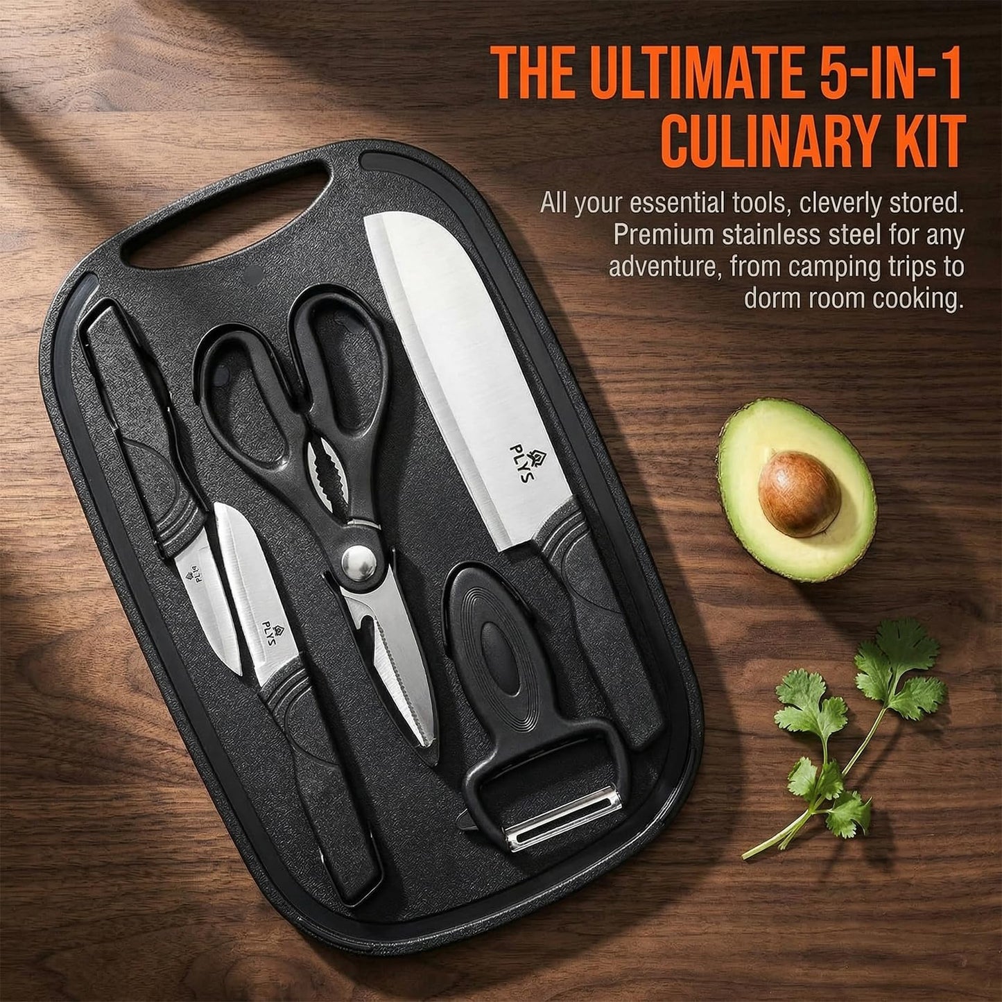 YERGOFE 5 in 1 Portable Camping Kitchen Utensil Set- Portable Cutting Board and Kitchen Utensil Set, Mini Travel Kitchen for Camping and Dorm Room, Space-Saving Cutting Board