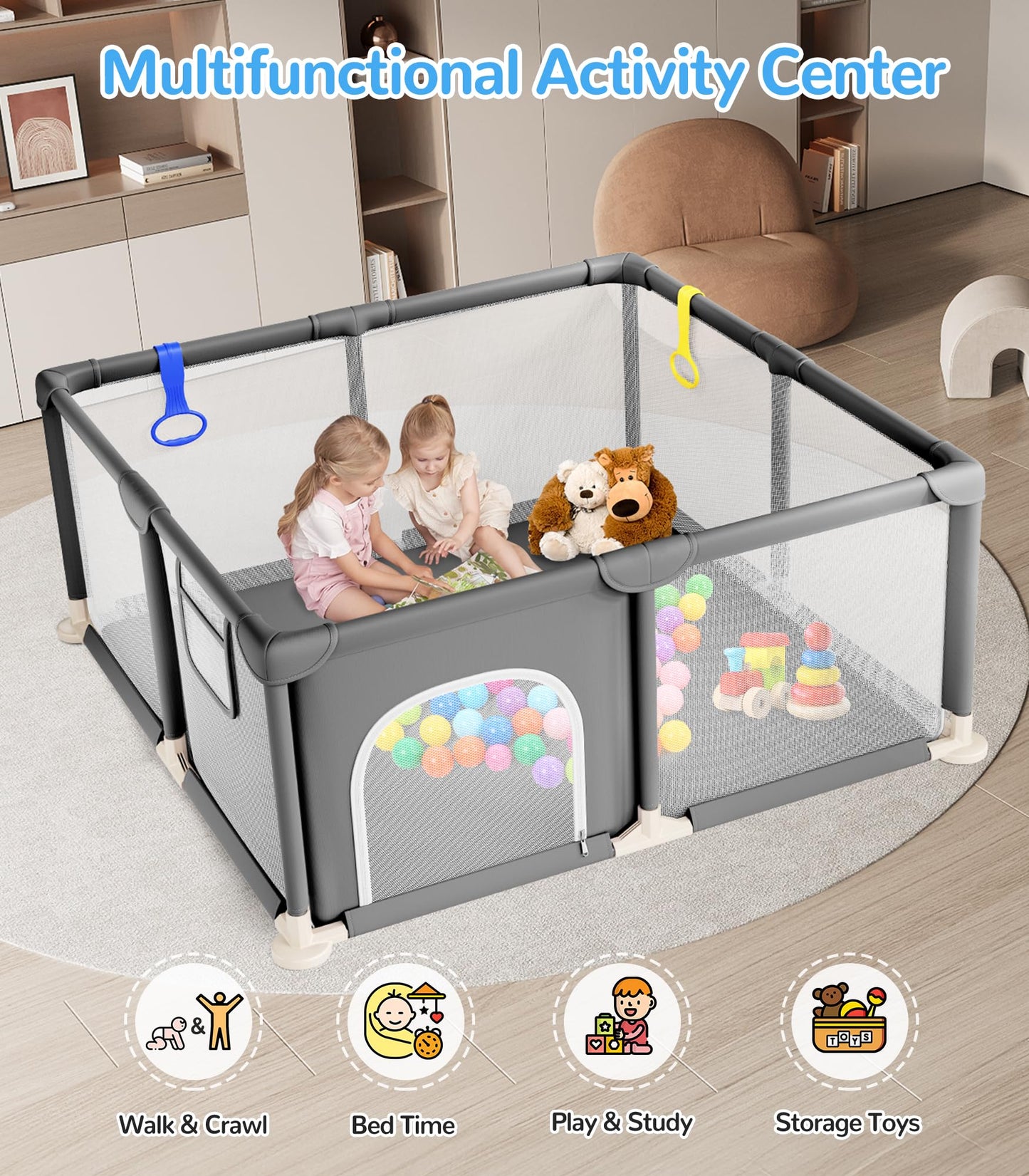 Dripex Baby Playpen, 47"x47" Small Playpen for Babies, Enhanced Safety Baby Play Yard for Indoor & Outdoor, Infant Play Pen with Soft Breathable Visible Mesh, Anti-Fall Design & Easy Setup, Grey