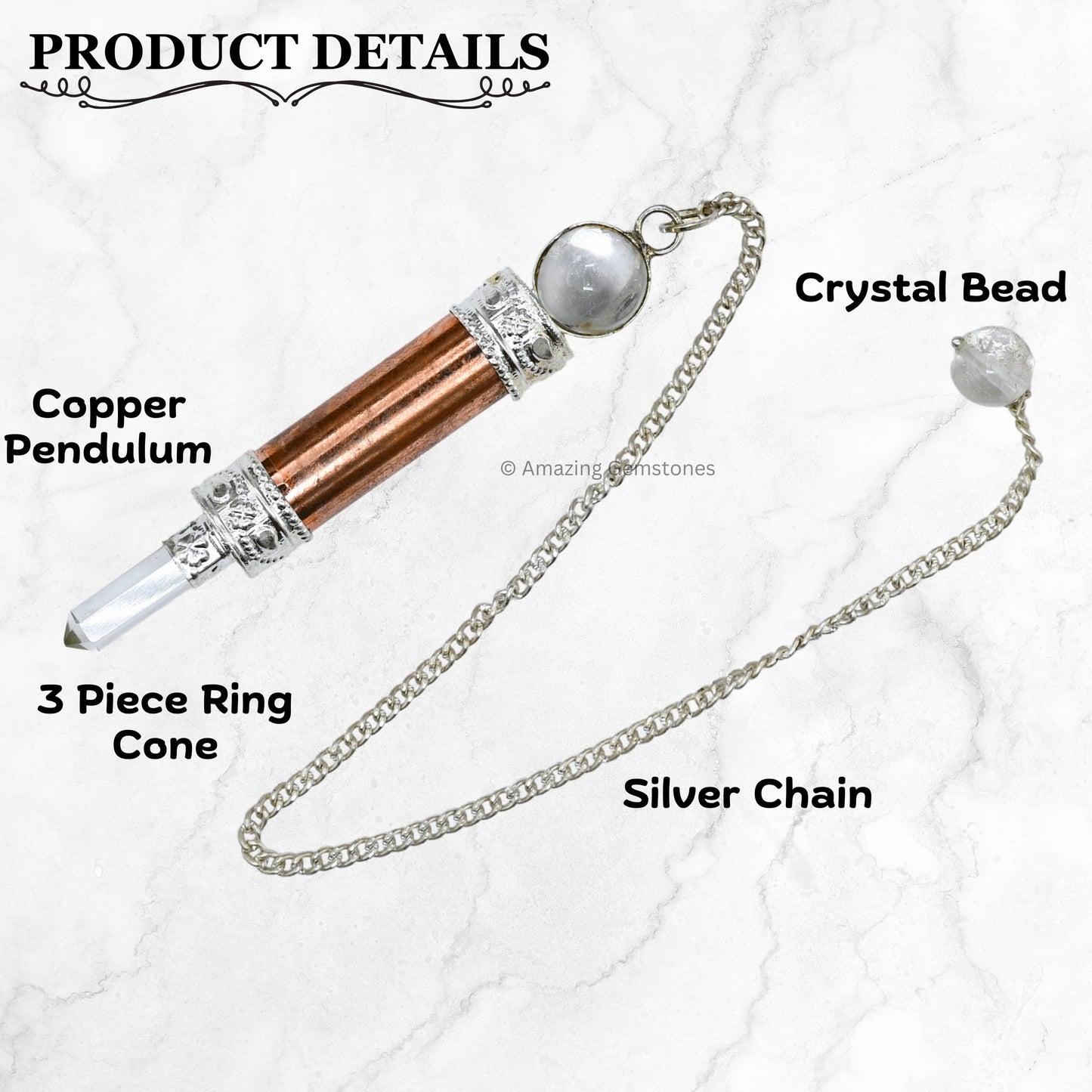 Amazing Gemstone Healing Metal Pendulums for Divination, Copper 3 Piece Ring Cone Steel Copper Pendulum High Energy Pendulo de Bronce Pendulos de Mesa MP68