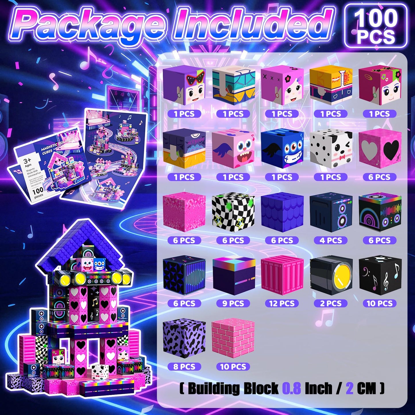 SSAWER Magnetic Blocks, 100PCS Magnetic Building Blocks, Stacking Magnets for Kids, Sensory Toy for STEM Constructions Magnet Blocks for Girls Age 3+, Christmas Birthday Gifts