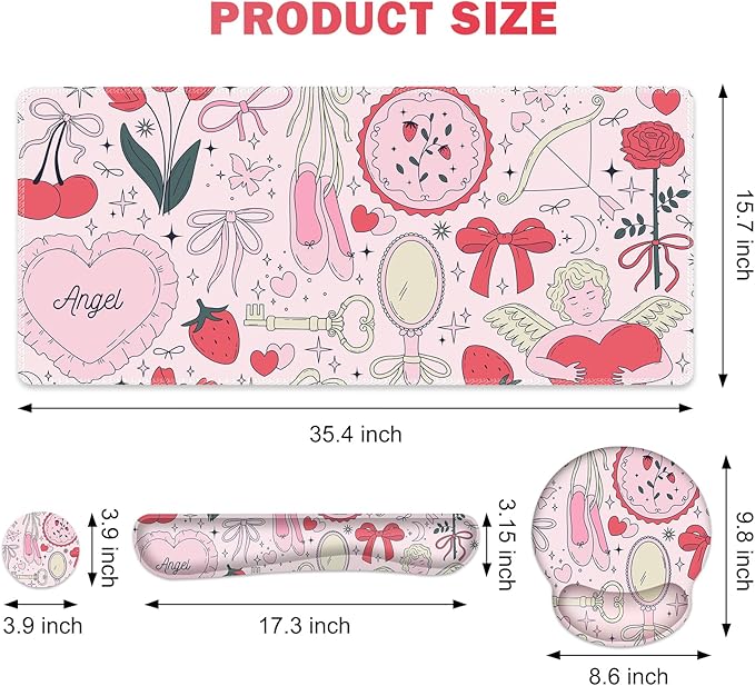 Gaming Mouse Pad, Large Desk Mat, Cute Desk Pad Protector, 4in1 XXL Mousepad + Keyboard Wrist Rest+Mouse Wrist Rest+Coaster Set with Ergonomic Desk Pad for Home Office Computer, Adorable Rose Bow