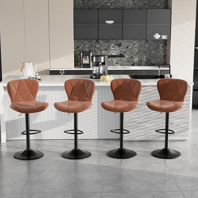 Bar Stools Set of 4,Adjustable Swivel Barstools, Faux Leather Bar Chairs,Upholstered Counter Height with High Backrest for Kitchen Island,Light Brown