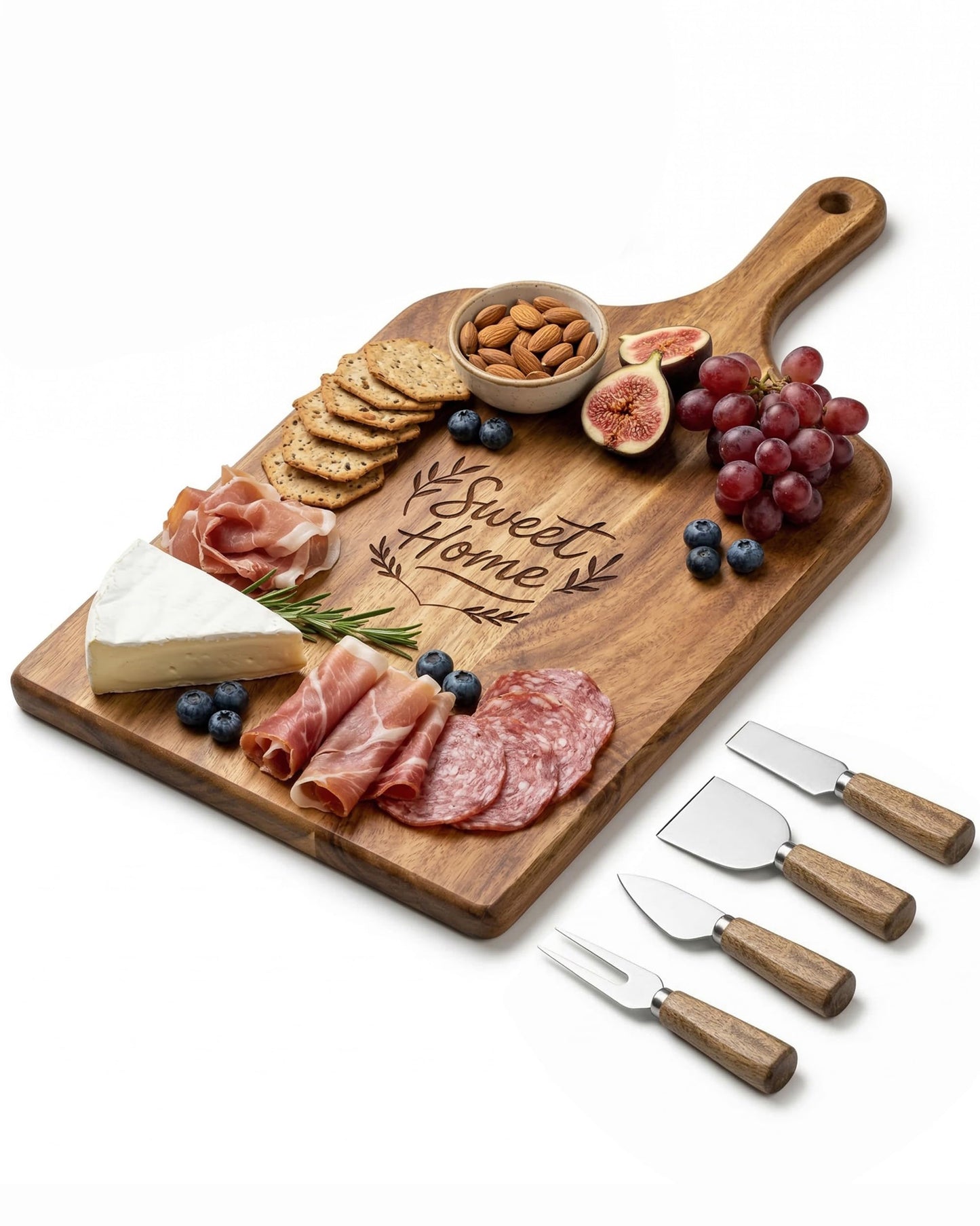 GleeNflux Charcuterie Board Set, 5-Piece Acacia Wood Cheese Board with 4 Cheese Knives, “Sweet Home” Engraved, Gift-Ready for Couples, Housewarming & Wedding