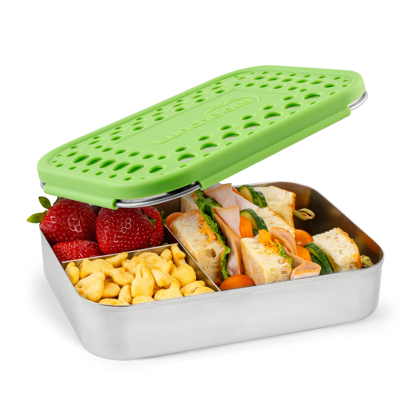 LunchBots Large Trio Stainless Steel Lunch Container -Three Section Design for Sandwich and Two Sides - Metal Bento Lunch Box - Eco-Friendly - Stainless Lid - Green Dots
