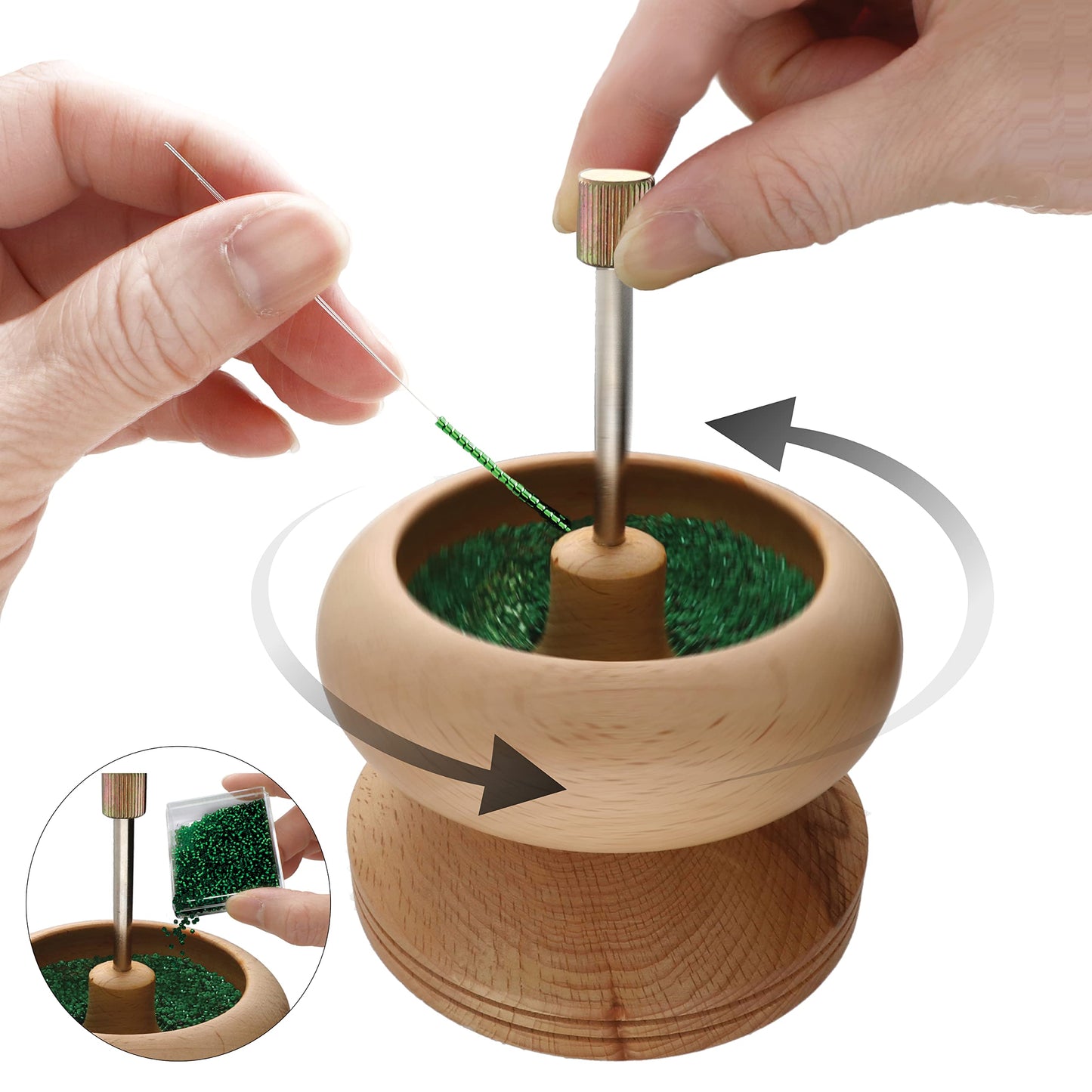 The Beadsmith Spin & String – Bead Stringing Wooden Spinning Wheel with 2 Needles, 4.4” High, 5.6” in Diameter, Quickly String Seed Beads for Jewelry