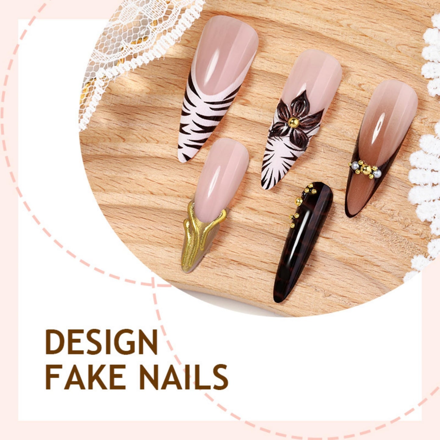 Almond Press on Nails Long Fake Nails Seeneey Brown Artificial Nail Gold Charm and 3D Flowers Designs Tortoise Shell Stick on Nail for Women 24pcs