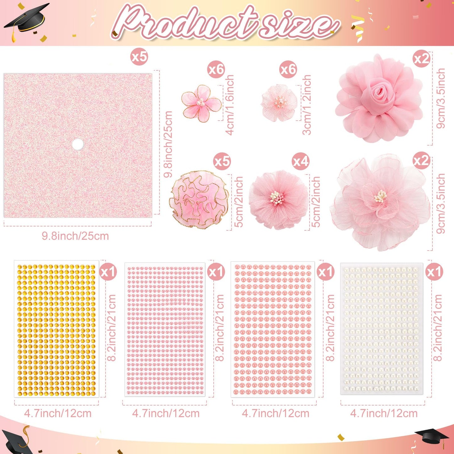 Wavwavw 58 Pcs DIY Graduation Cap Decorations Kit Grad Cap Decor Included Faux Flowers Bow Mesh 3D Butterfly Stickers, Adhesive Rhinestones, Glitter Letter Stickers, for 2026 Grad Party(Pink)