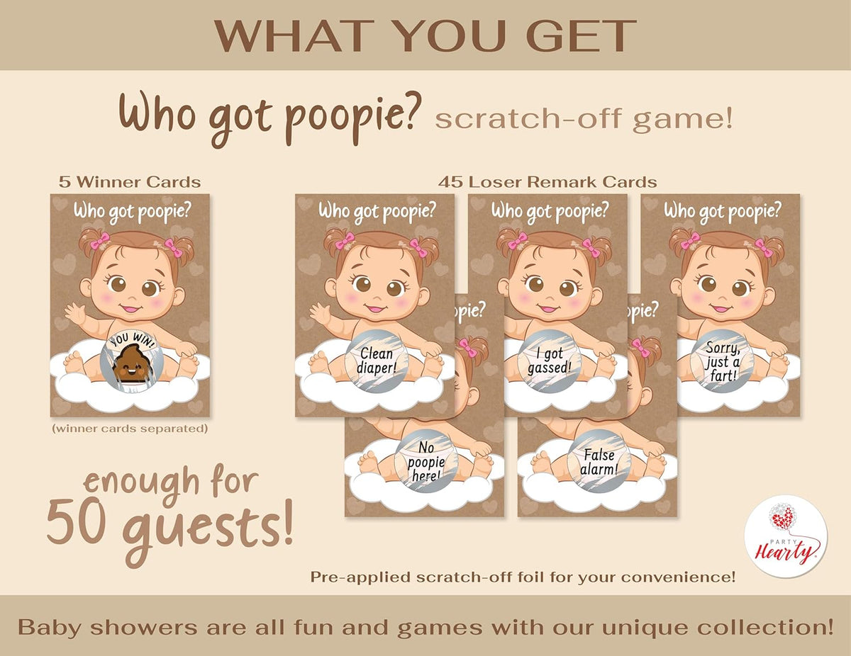 Fun Baby Shower Games for Girls - Poopie Emoji Scratch-Off Lottery Tickets - 50 Cards Hilarious and Engaging Baby Shower Activity