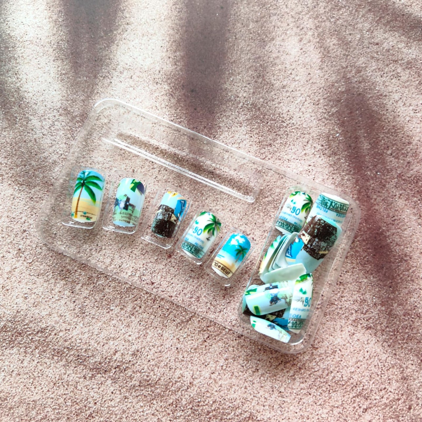 Summer Press on Nails Medium Square Fake Nails with Green Coconut Tree Design Glossy Glue on Nails Blue Sky White Clouds False Nails Acrylic Full Cover Stick on Nails for Women 24Pcs