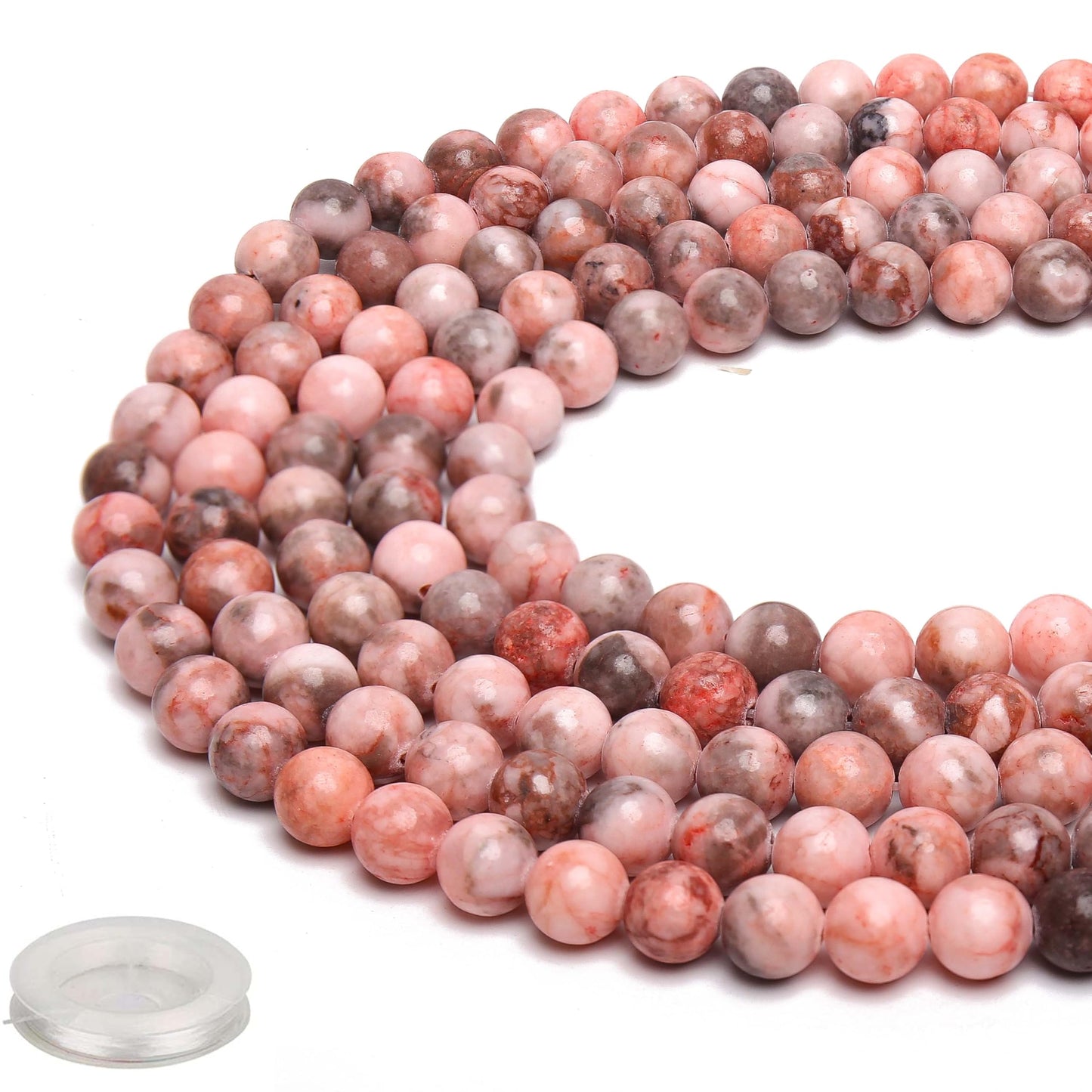 70PCS Natural 8MM Healing Gemstone, Pink Zebra Jasper Energy Stone Round Loose Beads, Semi-Precious Crystal Beads with Free Elastic String for Jewelry Making DIY