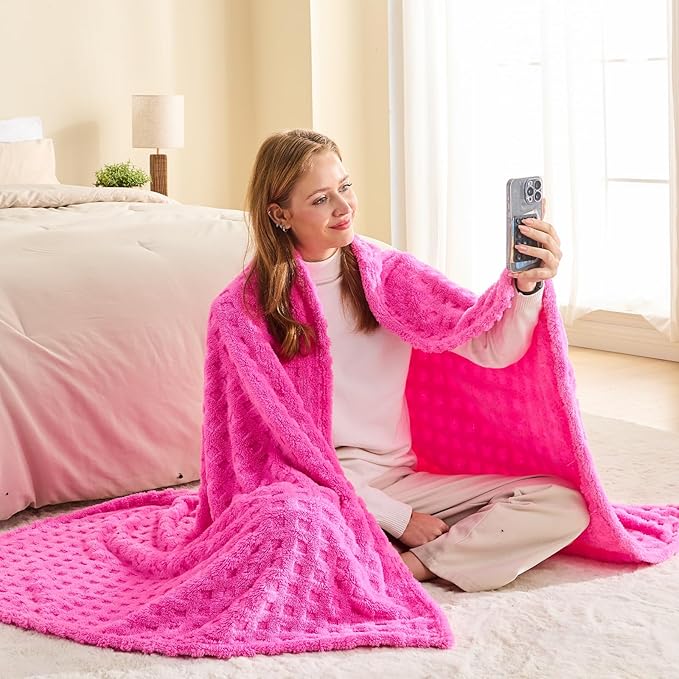 NEWCOSPLAY Super Soft King Blanket Pink Premium Silky Flannel Fleece 3D Waffle Checkered Lightweight Bed Blanket All Season Use (Hot Pink, King(90"x110"))