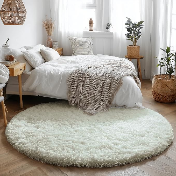 Amdrebio Ivory White Round Rug 4Ft for Kids Bedroom Aesthetic, Fluffy Fuzzy Furry Circle Area Rugs for Living Room Decor, Circular Plush Soft Shaggy Cream Carpet for Baby Nursery Dorm Teen Girls Boys
