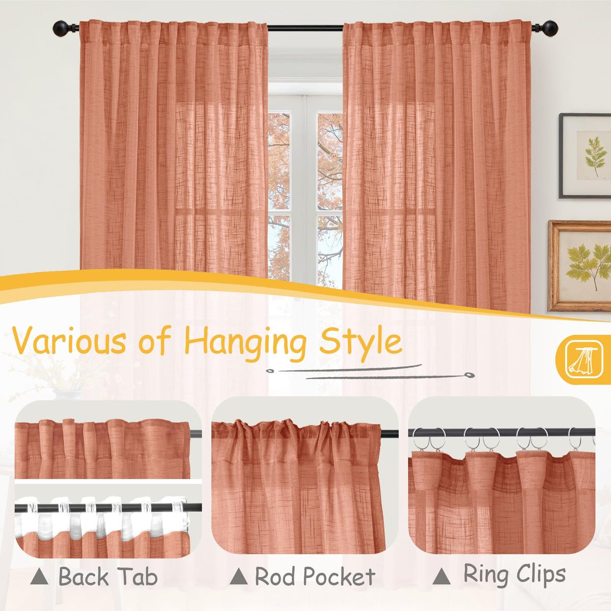 Burnt Orange Linen Semi Sheer Curtains 102 Inches Long for Living Room (2 Count)