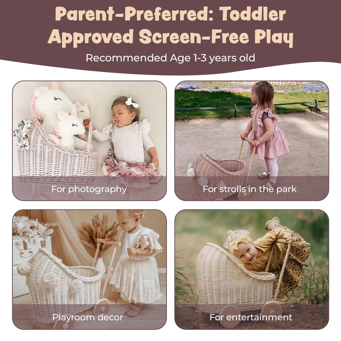 Wiklibox Natural Rattan Doll Stroller - Hand Made in Europe - Fits 17" Dolls & Plush Toys - Wicker Doll Pram & Baby Walker with Bedding Set - Perfect for Imaginative Play
