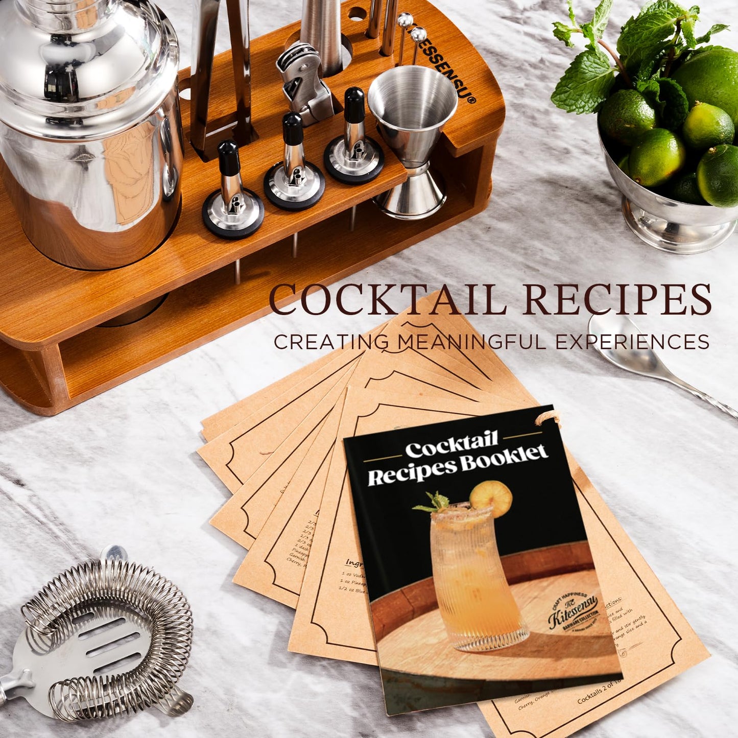 KITESSENSU Cocktail Shaker Set Bartender Kit with Stand | Bar Set Drink Mixer Set with All Essential Accessory Tools: Martini Shaker, Jigger, Strainer, Mixer Spoon, Muddler, Liquor Pourers |Silver