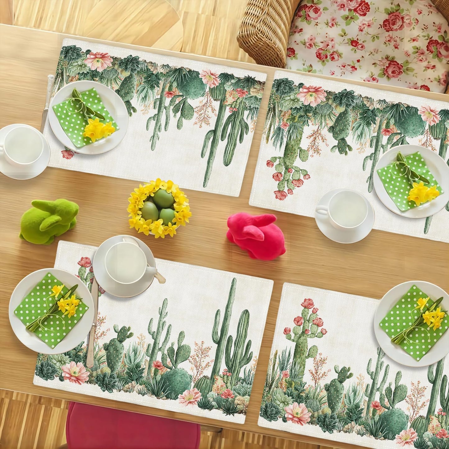 Cute Cactus Placemats Set of 4, Western Succulent Place Mats, Rustic Summer Plant Dining Table Mats, Washable Placemats for Kitchen Dining Room 18L'' × 12W''