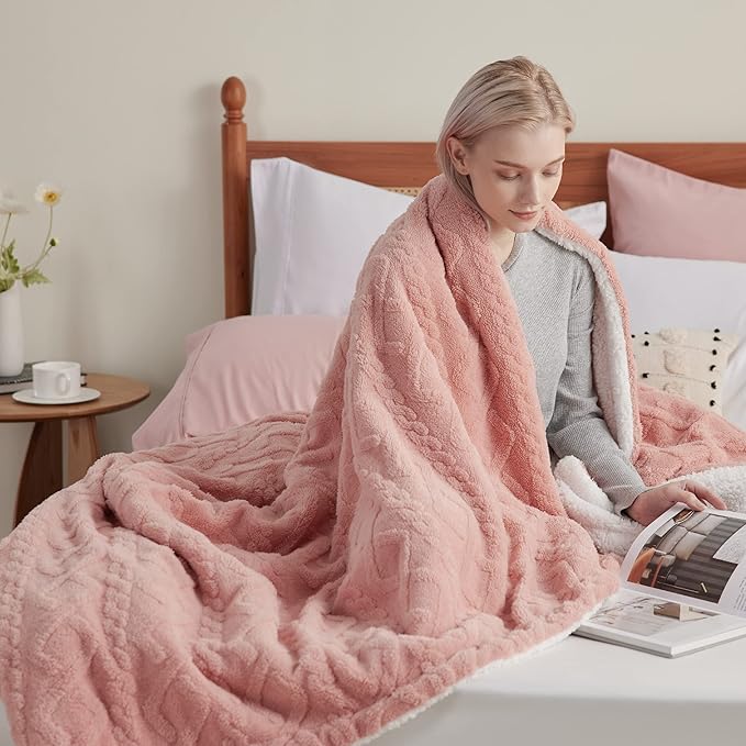 Bedsure Sherpa Fleece Throw Blanket for Couch - GentleSoft Fluffy & Cozy Cable Jacquard Tufted Throw for Women Gift, Thick and Warm Blankets for Winter, Pink, 50x60 Inches