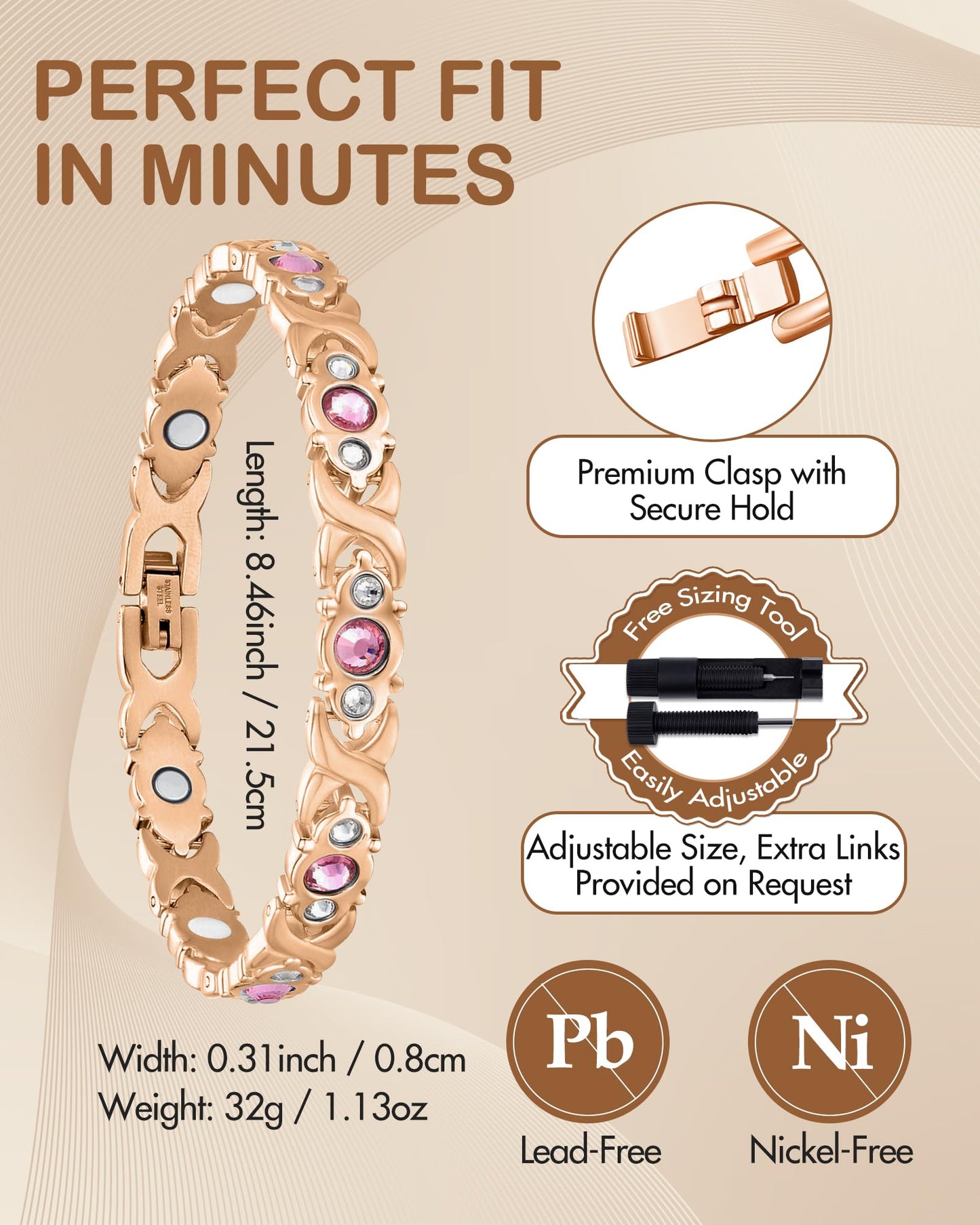 Feraco Pure Copper Bracelets for Women, 4 Elements Magnetic Bracelet with 3800 Gauss Neodymium Magnets & Dazzling Crystals, Adjustable Jewelry Gift (Rose Gold)