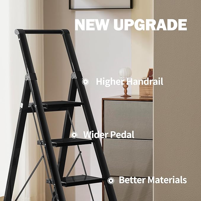 Taranta 5 Step Ladder,Liahtweight Aluminum Laddewith Handgrip, Portable Folding Stepladder with Anti-SlipPedalfor Home, Ofice, Kitchen 330lbs - Black
