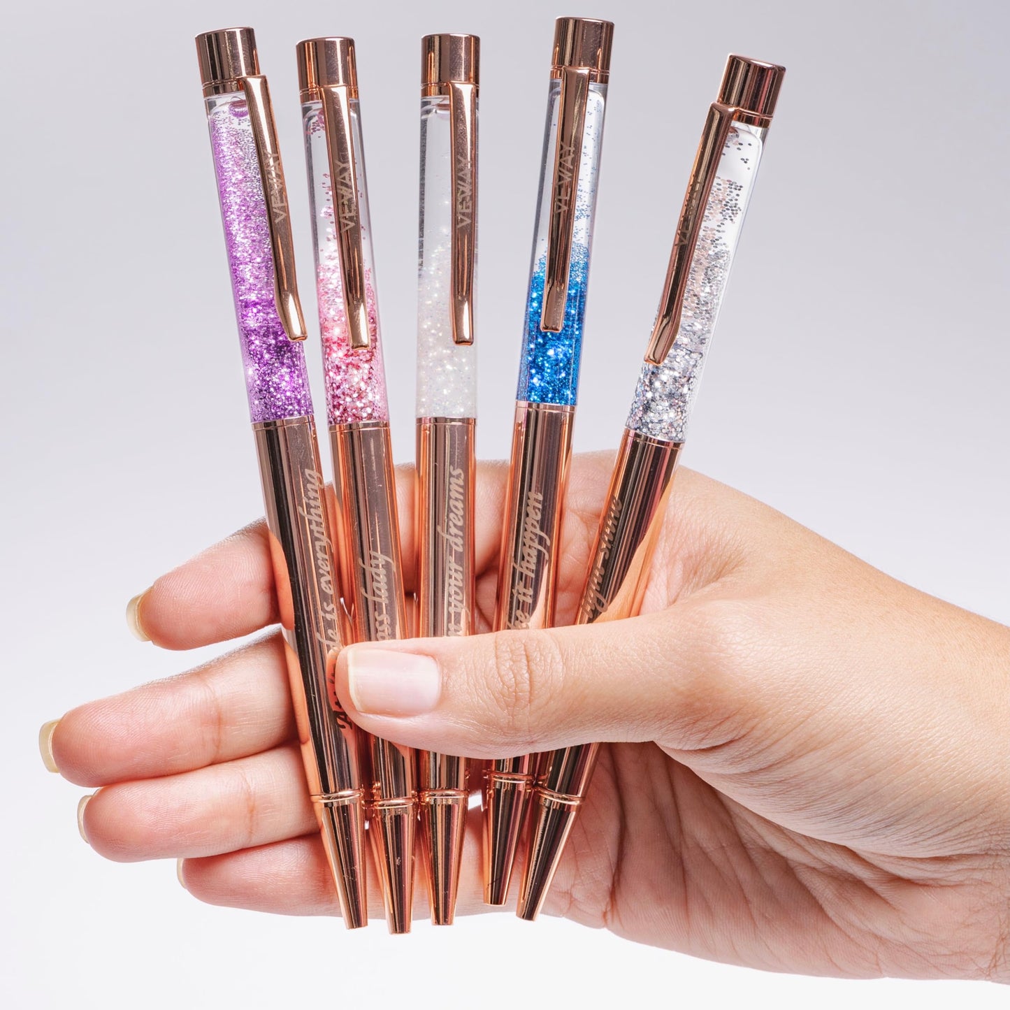 Veway - Luxury Pens for Women, 5 Glitter Rose Gold Writing Pens, Exclusive Pen Sets for Women Gift, Refillable Ballpoint Gift Set for Teachers, Executives & Special Occasions