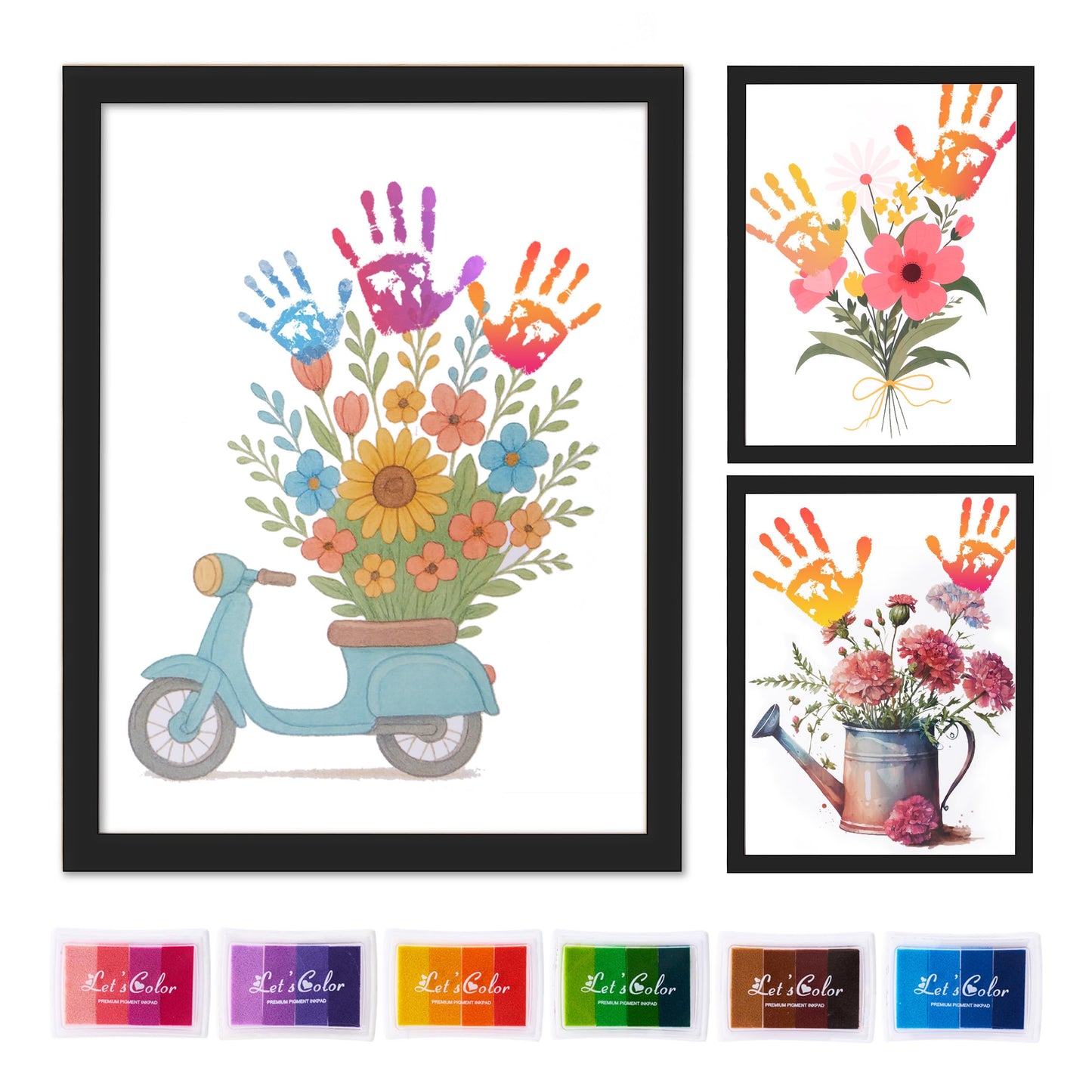 CHERRY CHEERS Flower Bouquet Handprint Art Kit, 3 Special Unique Sheets with Floral Design, DIY Keepsake Craft Gift, Meaningful Christmas or Thanksgiving Gift, 6 Colors Non-Toxic Inkpads (Black)