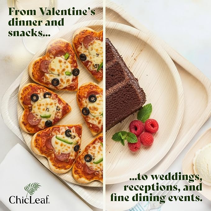 Chic Leaf Palm Leaf Bamboo Style Plates - 9-Inch Square, Pack of 50 - Compostable Serving Platters - Microwave -Disposable Plates - Durable Party Dishware, Upscale Look for Valentine’s Meals