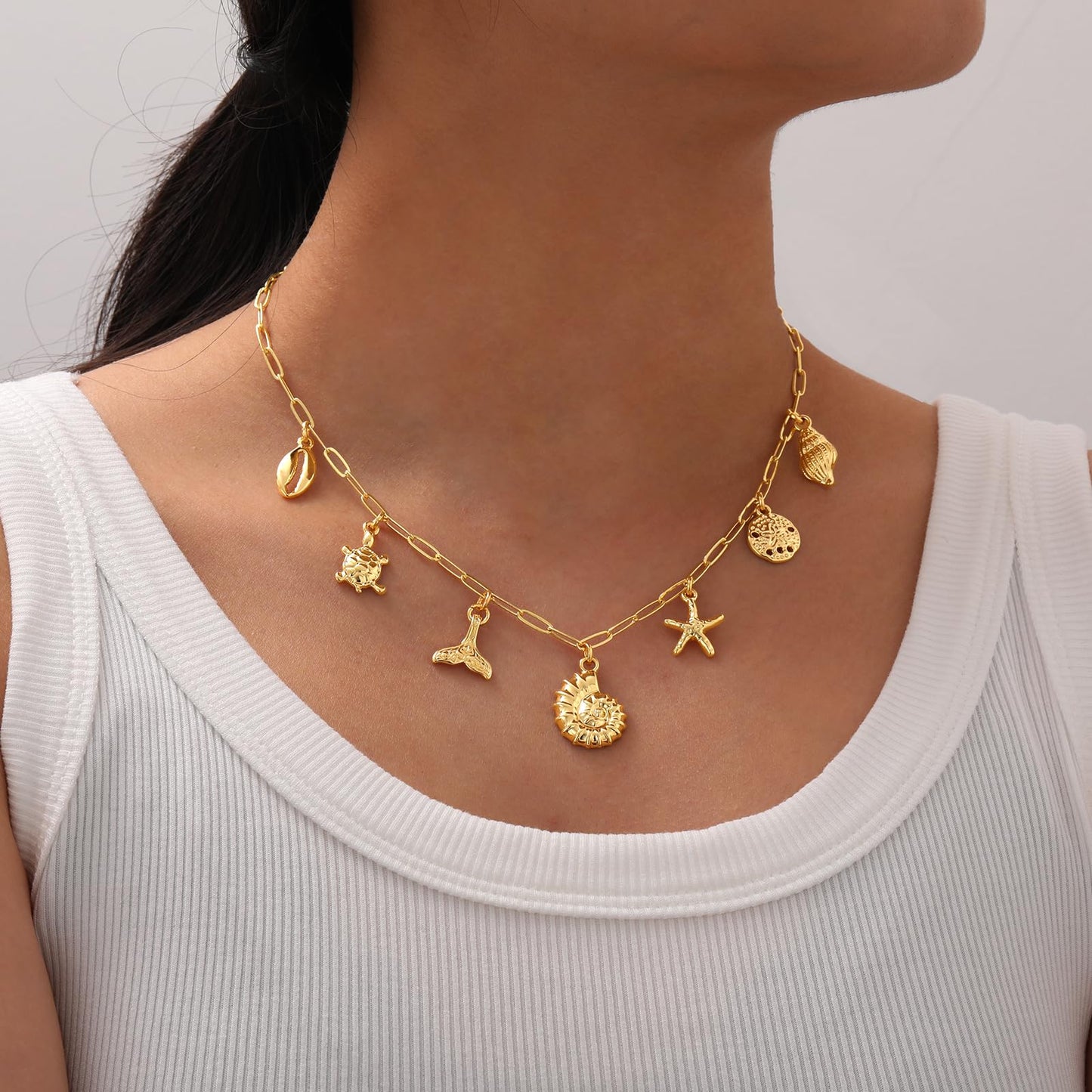Lydow Charm Necklace for Women, Conch Shell Beach Summer Starfish Turtle Necklace Pendant Seashell Boho Jewelry Gifts Paperclip Chain Beachy Her