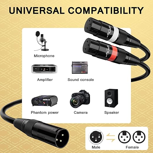 Mygatti 75 FT Gold-Plated 3-Pin XLR Male to Dual XLR Female Y Splitter Cable, Black, 23AWG OFC, Compatible with Microphone, Amplifier, Speaker, Mixer, Equalizer, Patch Bay, Digital Decoder, Preamp