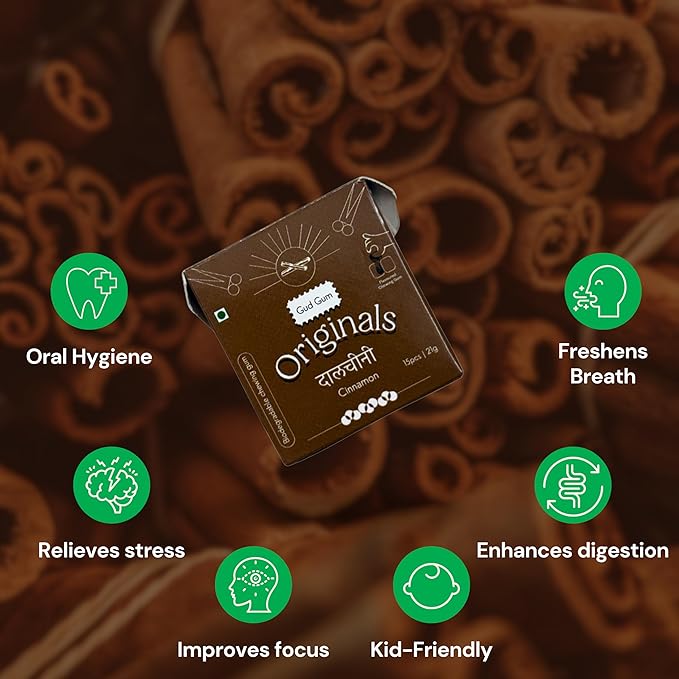 Gud Gum- Natural, Plastic Free Chewing Gum- Clove, Cardamom, Fennel, Cinnamon- 21g x 4 - Mini Pack of 4- No added artificial colours, flavours & sweeteners (Pack of 4, Cinnamon)