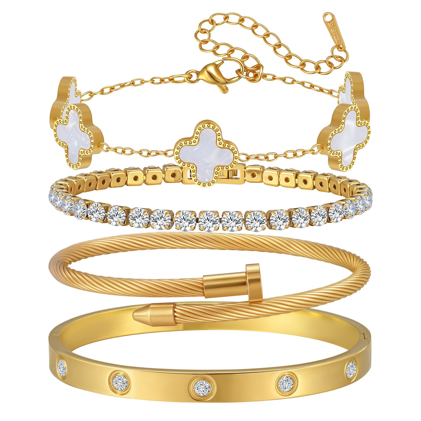 Jzrow 18K Gold Plated Bangle Bracelets Stack for Women,Four Leaf Clover Stackable Bracelets Non Tarnish,4 Pcs Jewelry sets Gifts (White)