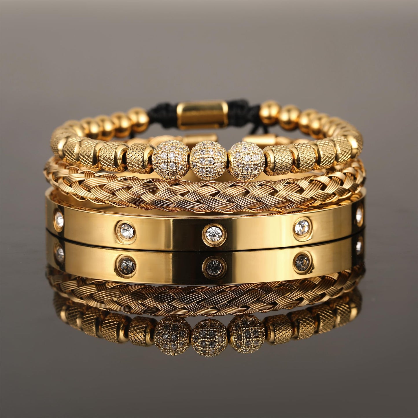 WFYOU 3PCS Stainless Steel Bracelets for Men Gold Roman Numeral Bangle Bracelet Twisted Cable Bracelet Adjustable Cuff Bracelet Mens Luxury Jewelry Bracelets Gifts(N:Gold-CZ Round Beads)