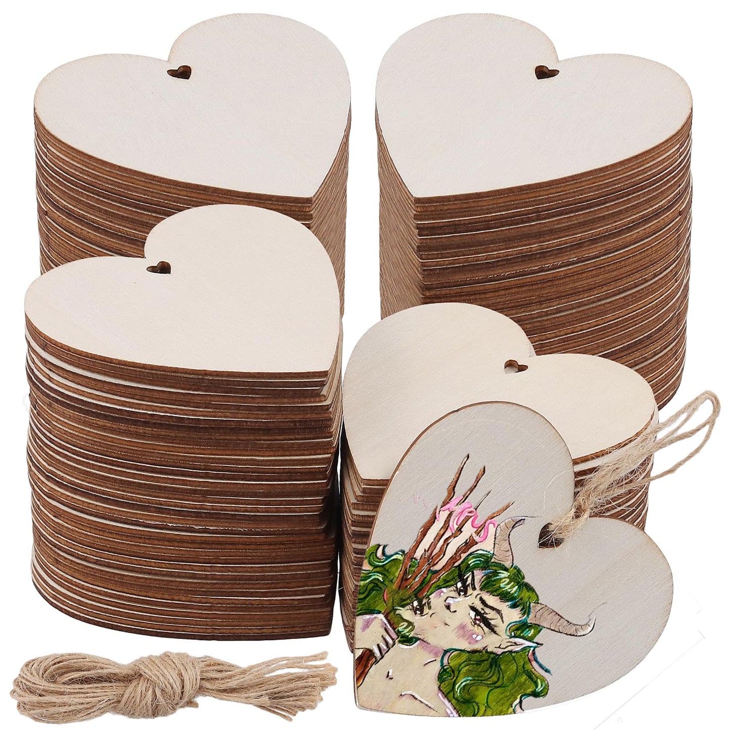 HEIHAK 180 Pieces 3 Inch Wooden Heart Slices, Unfinished Predrilled DIY Wooden Slices Embellishments with Jute Rope, Wood Hearts for Crafts for Valentine's Day, Wedding, Thanksgiving