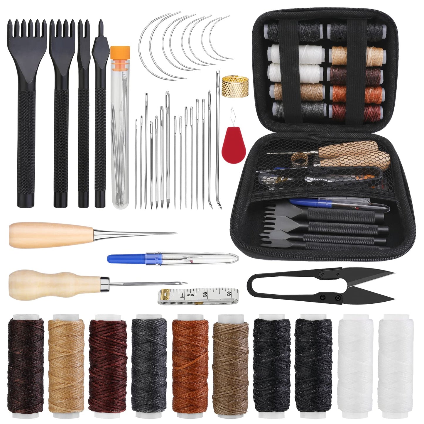 Yizzvb 46 Pcs Leather Stitching Sewing Kit,Sewing Tools Kit with 4mm Lacing Stitching Chisel, Waxed Thread and Large-Eye Needles for Leather Craft Projects DIY Sewing Work