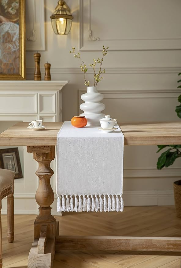 ZeeMart White Table Runners 108 Inches Long, Burlap Linen Style Rustic Farmhouse Table Runner, Long Boho Dining Table Runner, 13x108 Inches, White