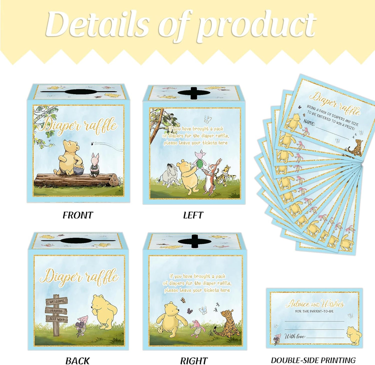 Winnie Baby Shower Decorations-50PCS Winnie Baby Shower Games Cards-Pooh Party Decorations-Baby Shower Diaper Raffle Box-blue