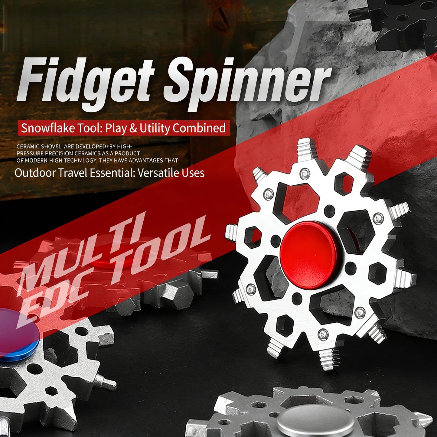 SOLYAO Snowflake Multitool with Fidget Spinner, 23-in-1 Portable Carbon Steel Multi-Tool, 2.6 Inch Diameter for Camping, Hiking, Biking & Daily Repairs (Black-Red)