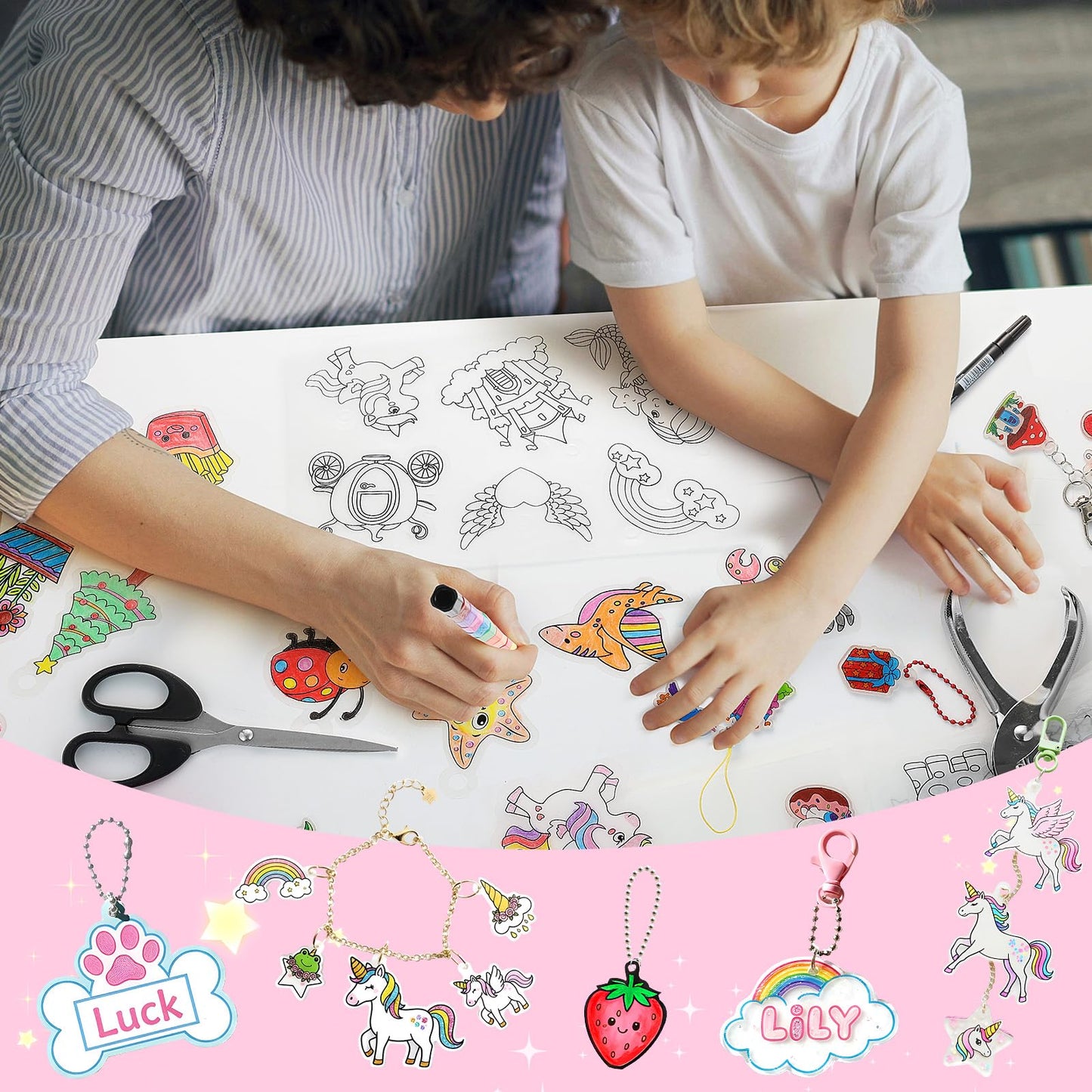 201pcs Shrink Paper Keychain Kit, 24 Blank & 12 Pre-Cut Sheets (75 Patterns) Crafts Kits for Kids Adults, Shrinking Art Activity Set with Hole Punch & Keychain Jewelry Accessories for DIY Crafts