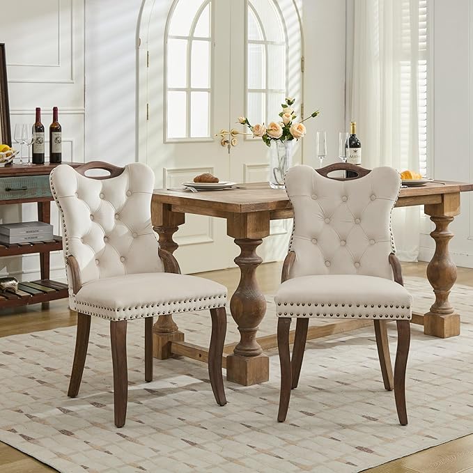 Velvet Dining Chairs Set of 2, Solid Wood Handles, Wooden Upholstered Dining Chair, Vintage Copper Nail Decoration, Mid Century Modern Kitchen Chair (Beige, Set of 2)
