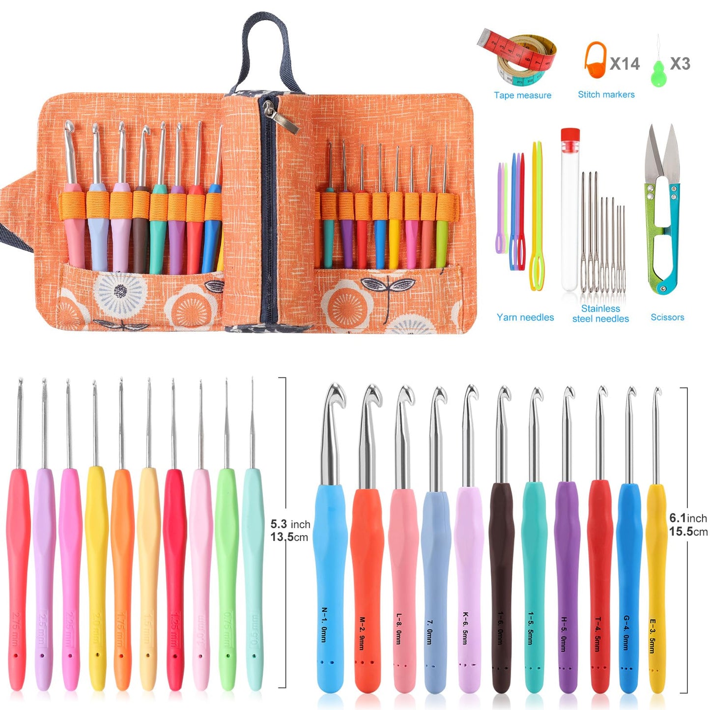 Vodiye 21 Sizes Ergonomic Crochet Hooks Set 0.5–10.0mm with Roll Bag, Soft Grip Crochet Needles for Crocheting Comfort