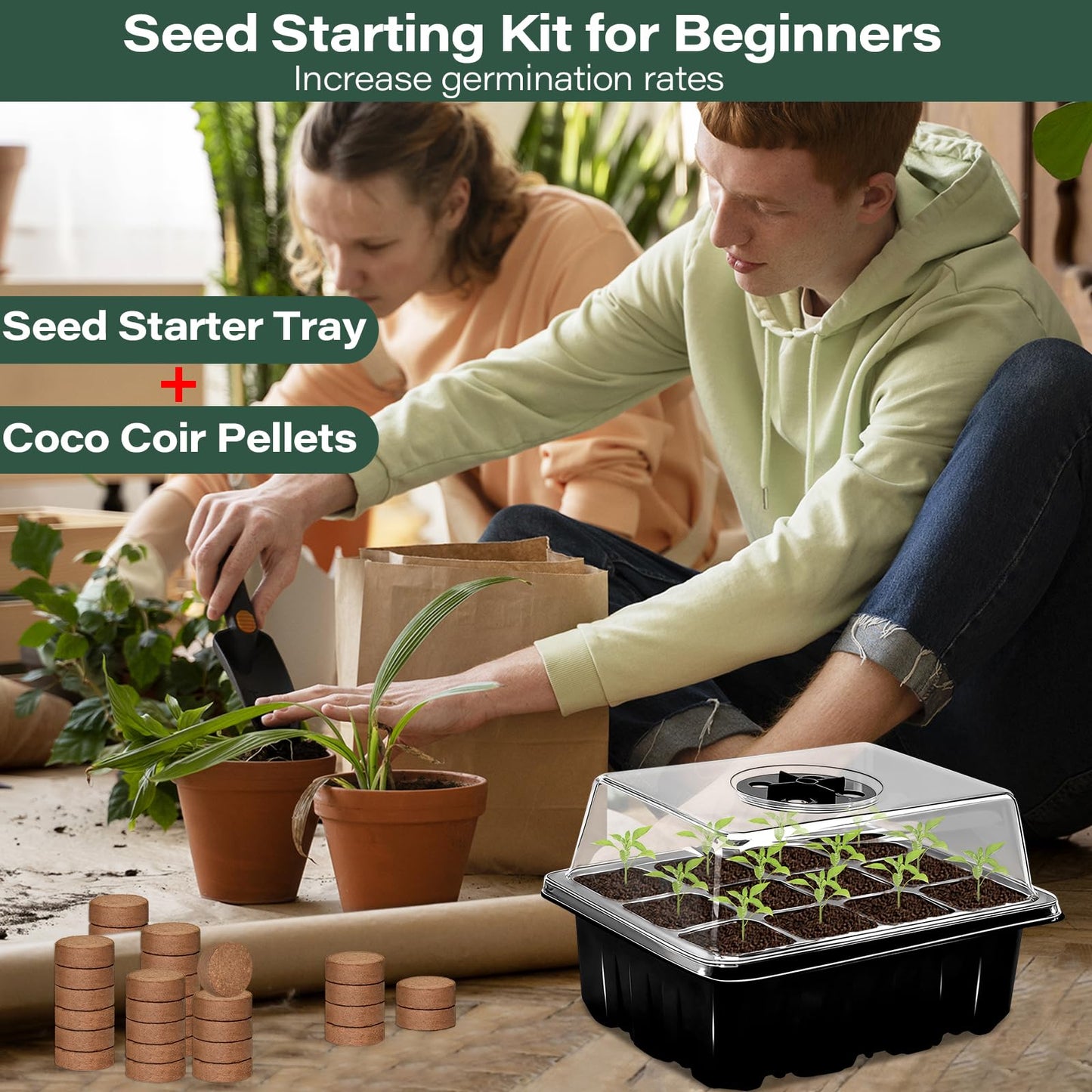 ZeeDix 10 Set Seed Starter Tray Kits, 10 Pack Seed Trays with 150 Pack Coco Coir Pellets, Adjustable Humidity Germination Tray with Dome Lids for Indoor Plants, Mini Greenhouse for Vegetables Garden